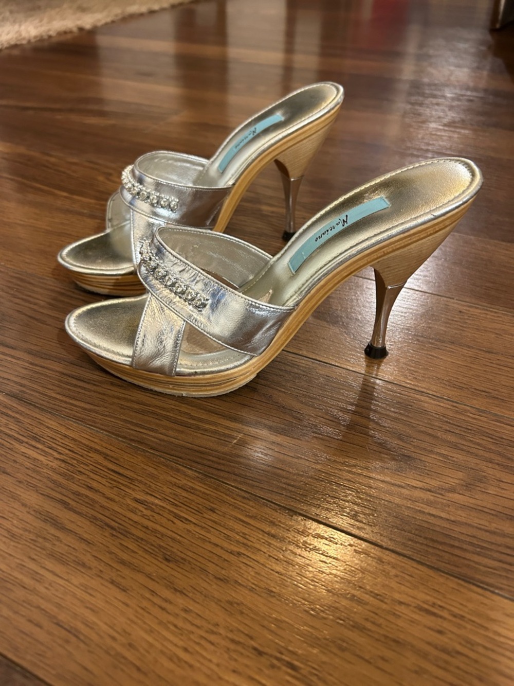Marciano Silver Metallic Crystal-Trim High Heel Slides